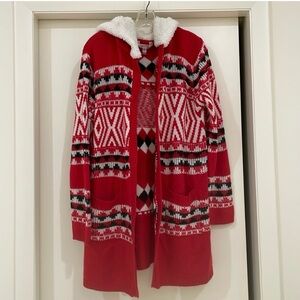 Hooded Red and White Cardigan Sweater